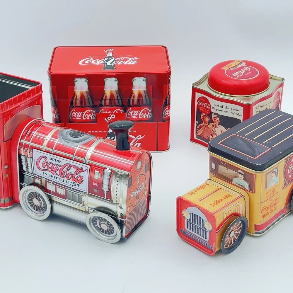 Vintage Coca Cola Tin lot Truck Train Bottle Crate & Advertising Tins